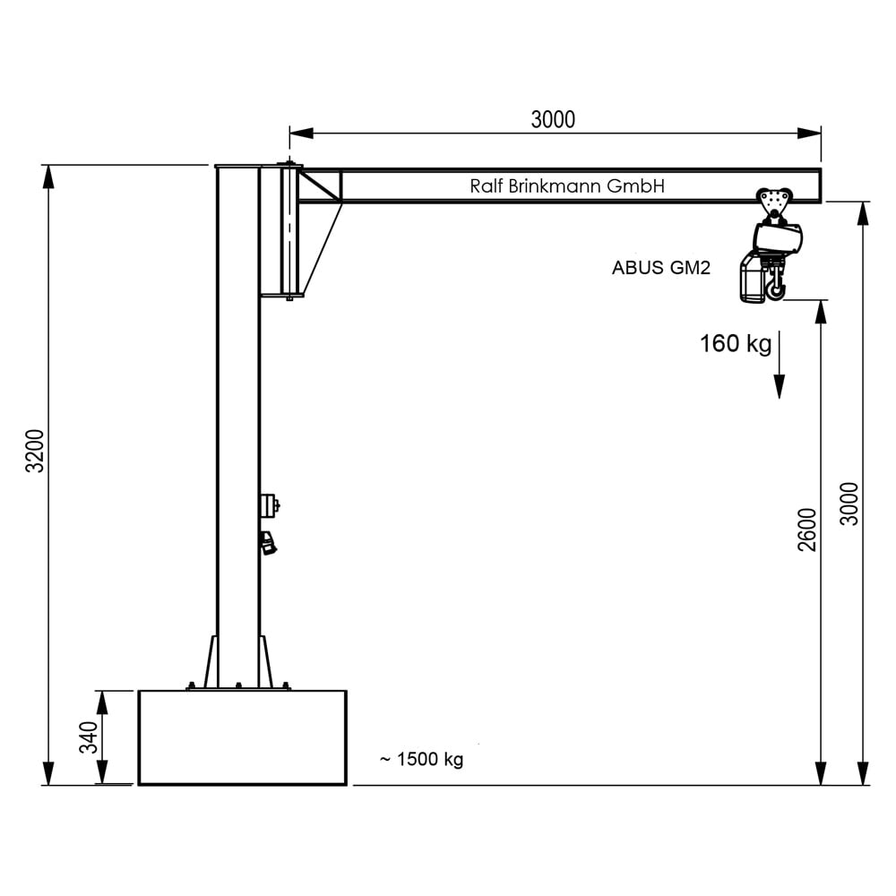 Produktabbildung Nr. 2: Brinkmann mobiler Säulenschwenkkran mit Stahl Ausleger, ABUS Kettenzug, Tragfähigkeit 160 kg, Ausladung 3 m