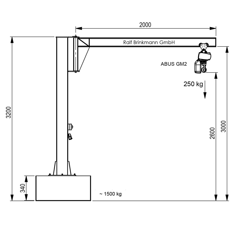N° de l'image du produit 2 : Brinkmann mobiler Säulenschwenkkran mit Stahl Ausleger, ABUS Kettenzug, Tragfähigkeit 250 kg, Ausladung 2 m