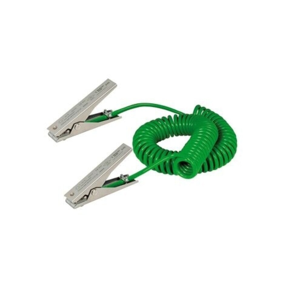 Produktabbildung: Denios Spiral-Erdungskabel, 2 Edelstahl-Erdungszangen MD 120 mm, 3 m Auszugslänge, ATEX