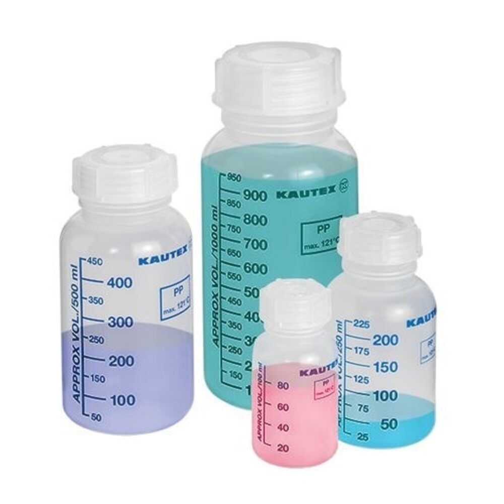 Produktabbildung: Denios Weithalsflaschen aus PP, Volumenskala, mit Schraubverschluss, 1000 ml, 12 Stück