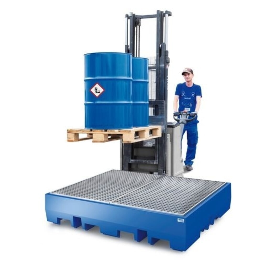 N° de l'image du produit 2 : Denios bac de rétention des déversements classic-line en polyéthylène (PE) pour 4 fûts, grille galvanisée, H x l x P 350 x 1720 x 1300 mm