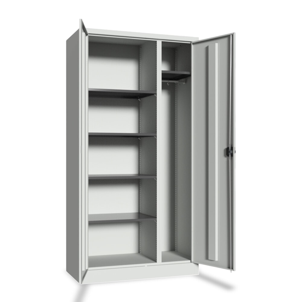 Illustration du produit: PAVOY Putzmittelschrank mit Trennwand, verzinkten Fachböden und Kleiderstange, HxBxT 1950 x 1000 x 400 mm, lichtgrau/lichtgrau