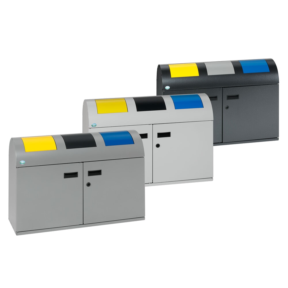 N° de l'image du produit 3 : VAR® Wertstoffsammler WSS 50, mit 3 Innenbehältern und selbstschließenden Einwurfklappen, mit rundem Kopfteil, silber