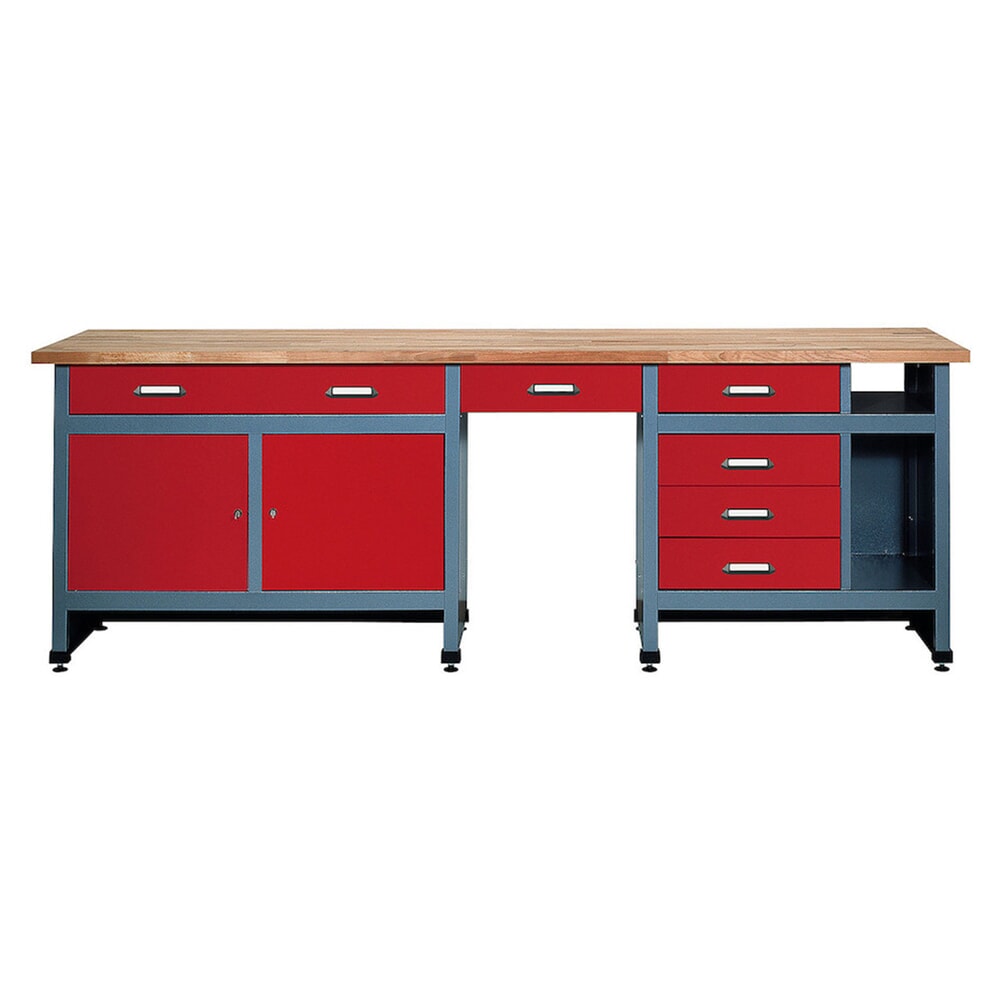 Illustration du produit: Établi avec bloc-tiroirs + 2 portes + espace d’assise, l x P, 2 400 x 600 mm, rouge
