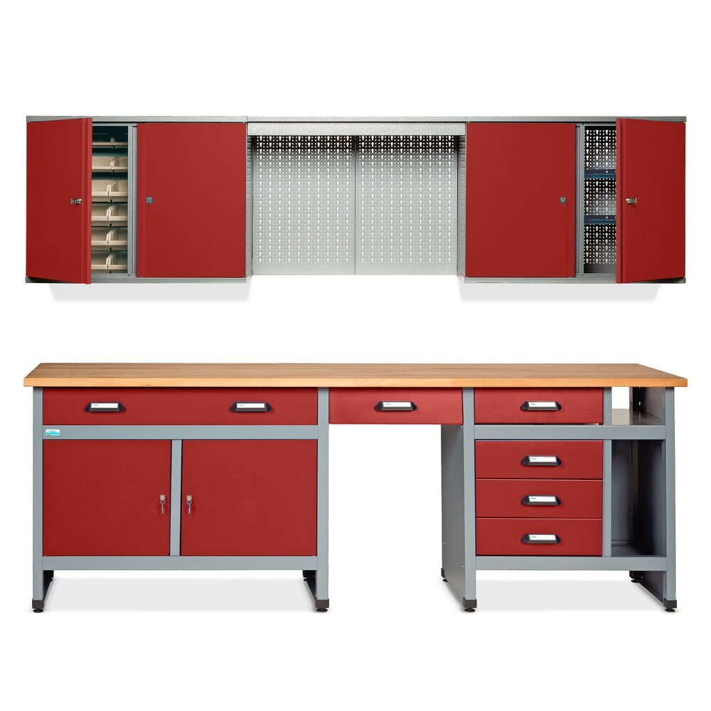 Illustration du produit: Kit d’atelier Bern 2 pièces, armoire suspendue + établi, largeur 2 400 mm, rouge
