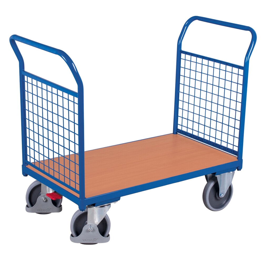 N° de l'image du produit 1 : VARIOfit® Doppelstirnwandwagen, Gitterwand, Holzwerkstoff-Ladefläche, HxBxT 975 mm x 1040 mm x 500 mm, Tragfähigkeit 400 kg, enzianblau