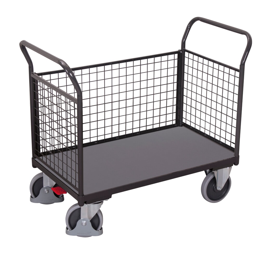 N° de l'image du produit 1 : VARIOfit® Dreiwand-Gitterwagen, Holzwerkstoff-Ladefläche, EasySTOP®-Bremssystem, Ladefläche BxT 850 mm x 475 mm, anthrazitgrau