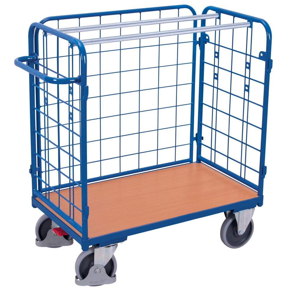 Illustration du produit: VARIOfit® 3-seitiger Rollbehälter, 3 Gitterwände, variable Einlegeböden, EasySTOP®-Bremssystem, HxBxT 1180 mm x 1040 mm x 525 mm, enzianblau