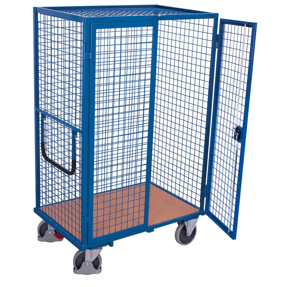 N° de l'image du produit 3 : VARIOfit® Etagenwagen, abschließbare Doppelflügeltür, Drahtgitterwände, 1 Boden, HxBxT 1810 mm x 1115 mm x 730 mm, enzianblau