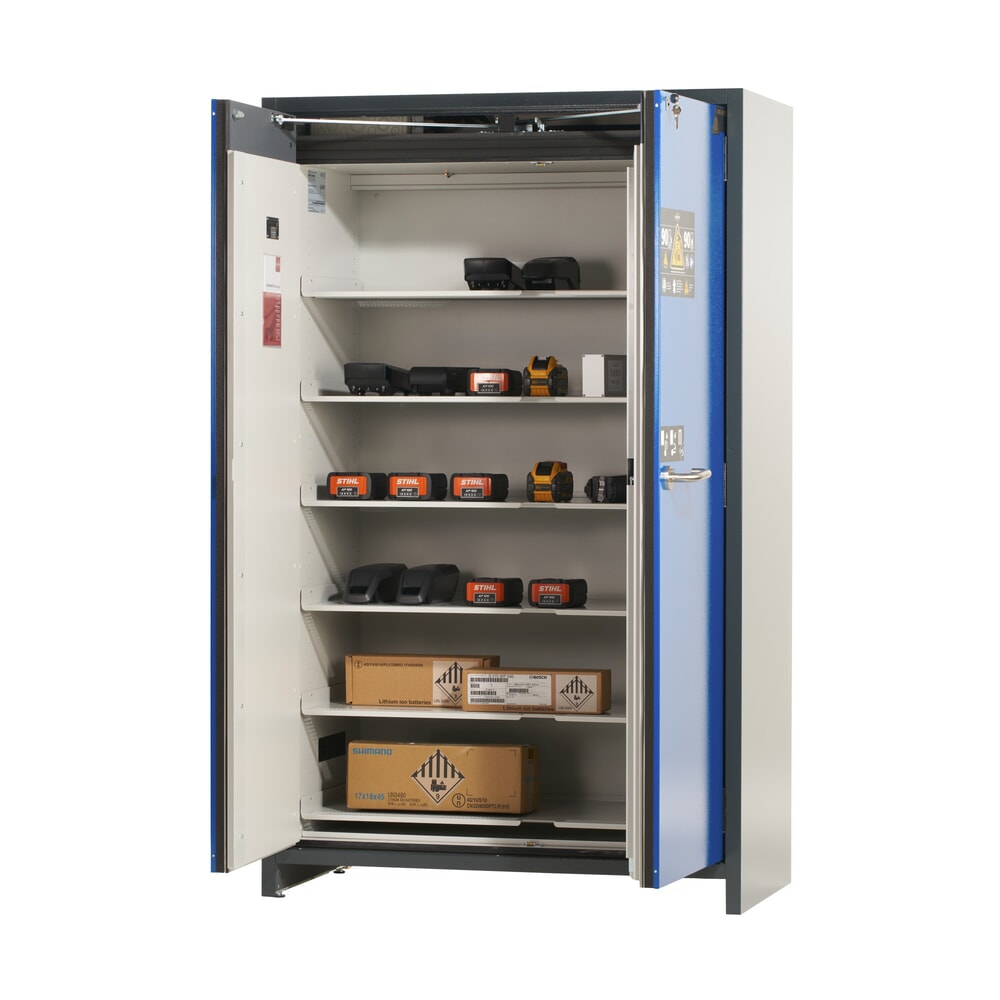 Produktabbildung Nr. 5: asecos® Akku-Sicherheitsschrank Typ 90 für Lithium-Ionen-Batterien ION-CORE-STORE, HxBxT 1.953 x 1.193 x 615 mm, 6x gelochte Fachböden, 1x Bodenauffangwanne