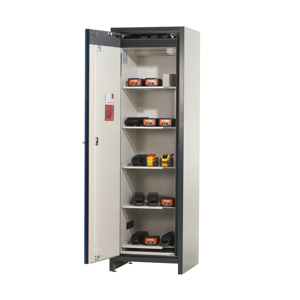 asecos® Akku-Sicherheitsschrank Typ 90 für Lithium-Ionen-Batterien ION-CORE-STORE, HxBxT 1.953 x 599 x 615 mm, 5x isolierte Fachböden, 1x Bodenauffangwanne Produktabbildung Nr. 5: asecos® Akku-Sicherheitsschrank Typ 90 für Lithium-Ionen-Batterien ION-CORE-STORE, HxBxT 1.953 x 599 x 615 mm, 5x isolierte Fachböden, 1x Bodenauffangwanne