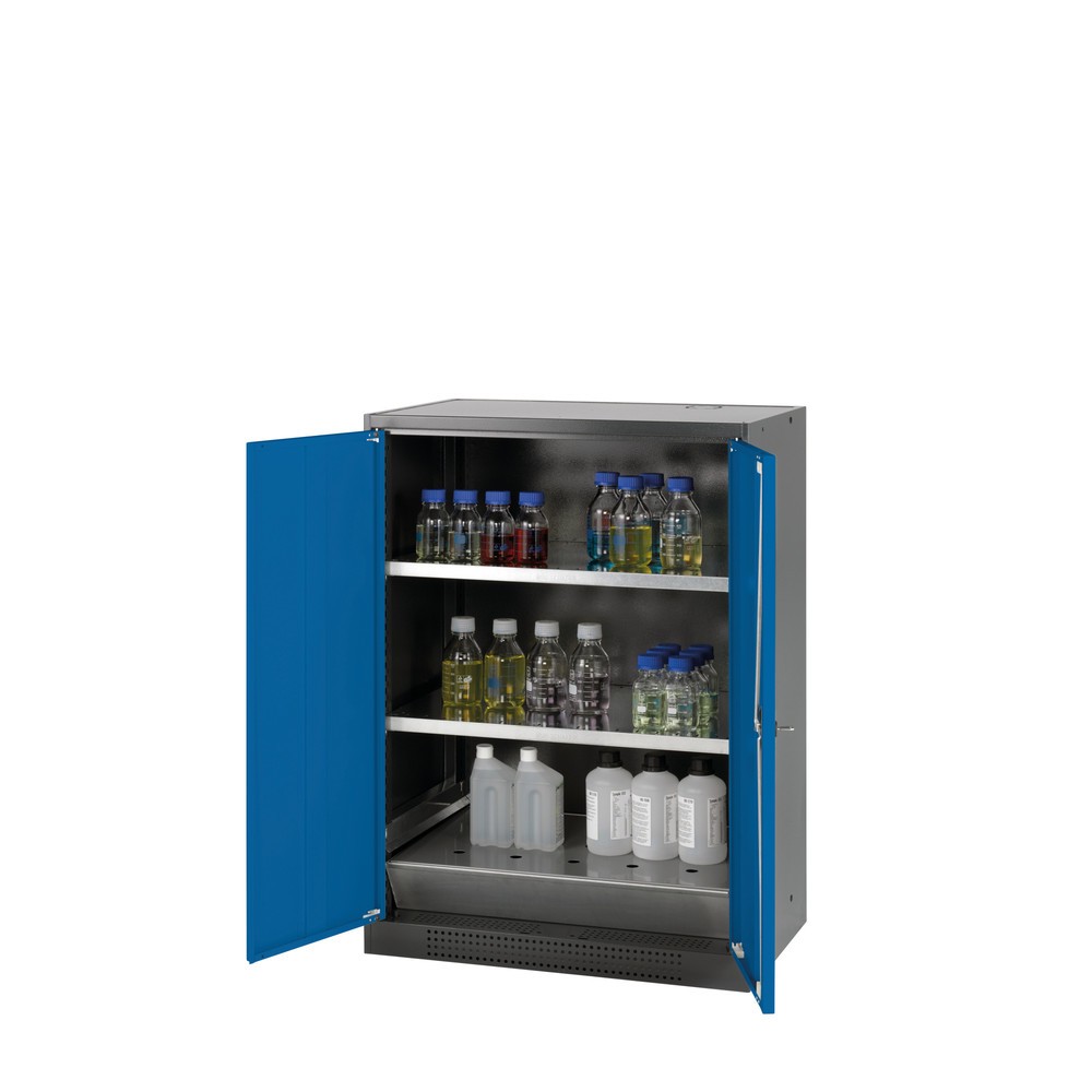 Produktabbildung: asecos® Chemikalienschrank CS-CLASSIC, mit Bodenauffangwanne mit Lochblech und 2 Fachböden, HxBxT 1.105 x 810 x 520 mm, enzianblau