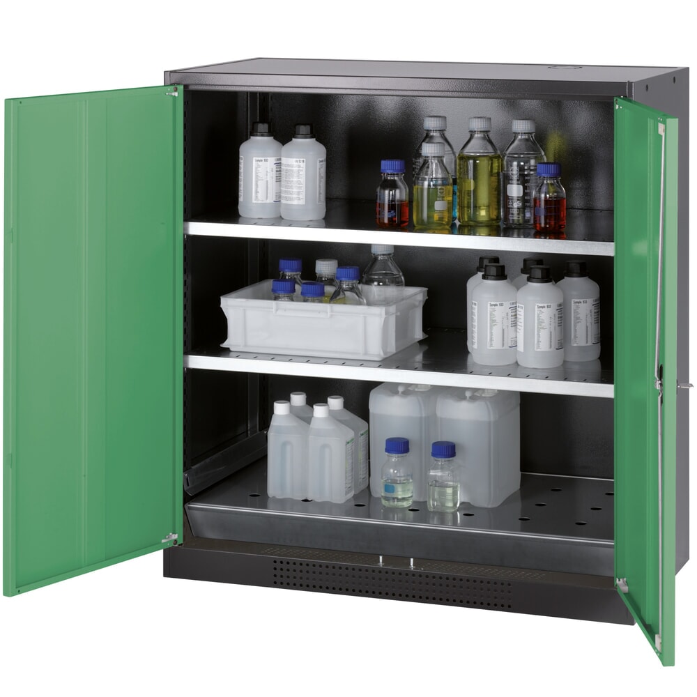 Produktabbildung Nr. 1: asecos® Chemikalienschrank CS-CLASSIC, mit Bodenauffangwanne mit Lochblech und 2 Fachböden, HxBxT 1.105 x 1.055 x 520 mm, resedagrün