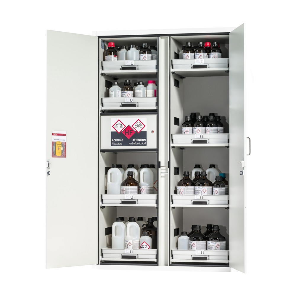 Produktabbildung Nr. 1: asecos® Säuren- u. Laugenschrank CLASSIC, HxBxT 1.965 x 1.197 x 603 mm, 8x Tablarauszug mit PP-Wanne, 1x Einbaufach mit PE-Wanne, laborweiss