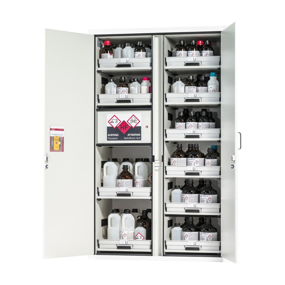 Produktabbildung Nr. 1: asecos® Säuren- u. Laugenschrank CLASSIC, HxBxT 1.965 x 1.197 x 603 mm, 11x Tablarauszug mit PP-Wanne, 1x Einbaufach mit PE-Wanne, laborweiss
