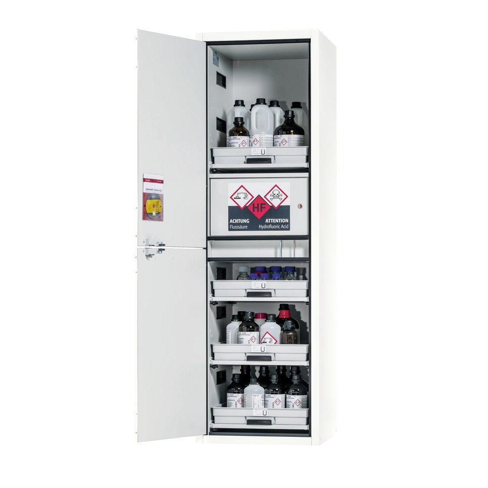 Produktabbildung Nr. 1: asecos® Säuren- u. Laugenschrank CLASSIC, HxBxT 1.965 x 597 x 603 mm, 4x Tablarauszug mit PP-Wanne, 1x Einbaufach mit PE-Wanne, laborweiss