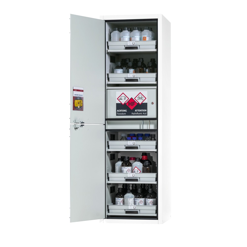 Produktabbildung: asecos® Säuren- u. Laugenschrank CLASSIC, HxBxT 1.965 x 597 x 603 mm, 5x Tablarauszug mit PP-Wanne, 1x Einbaufach mit PE-Wanne, laborweiss