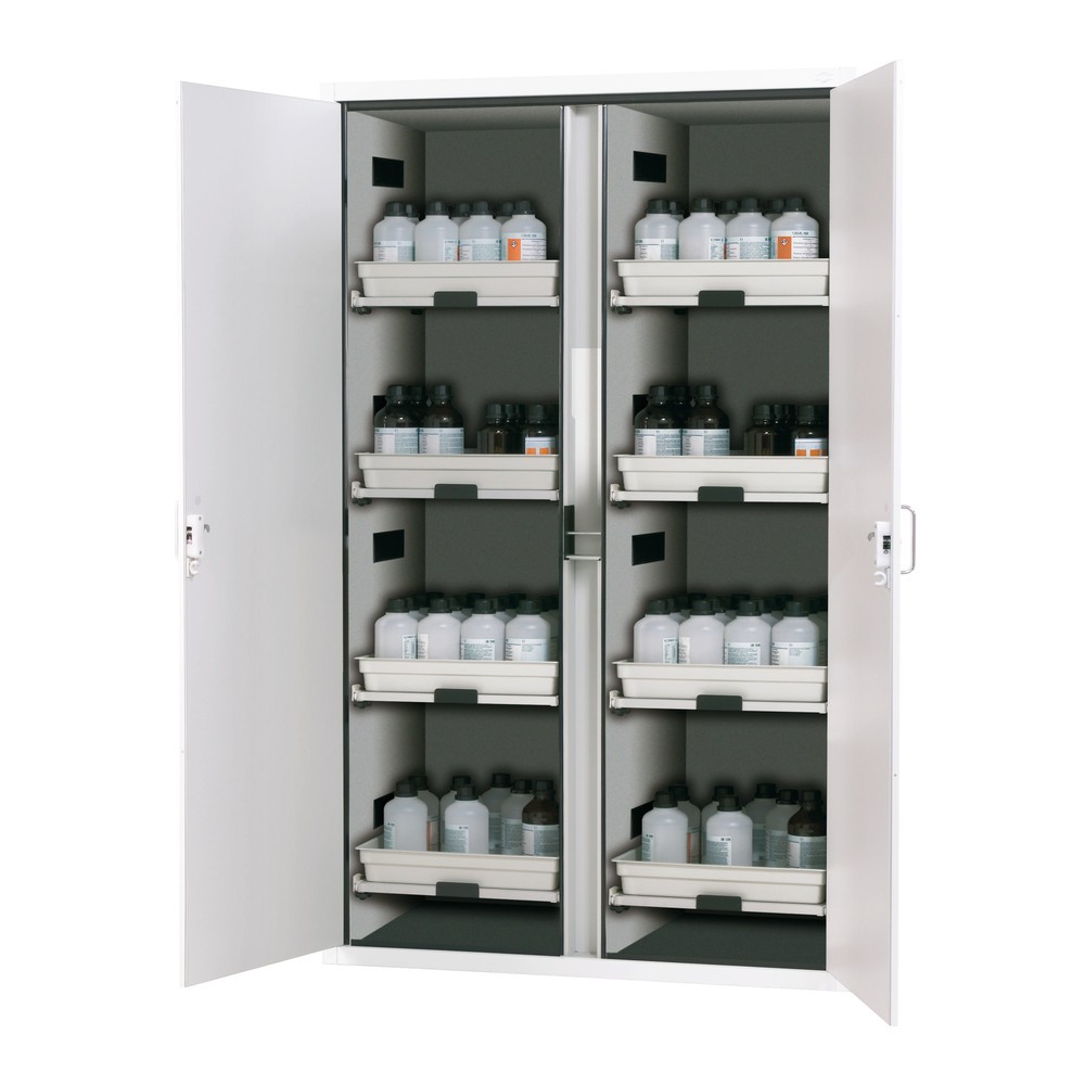 Produktabbildung: asecos® Säuren- u. Laugenschrank CLASSIC, HxBxT 1.965 x 1.197 x 603 mm, 8x Tablarauszug mit PP-Wanne, laborweiss