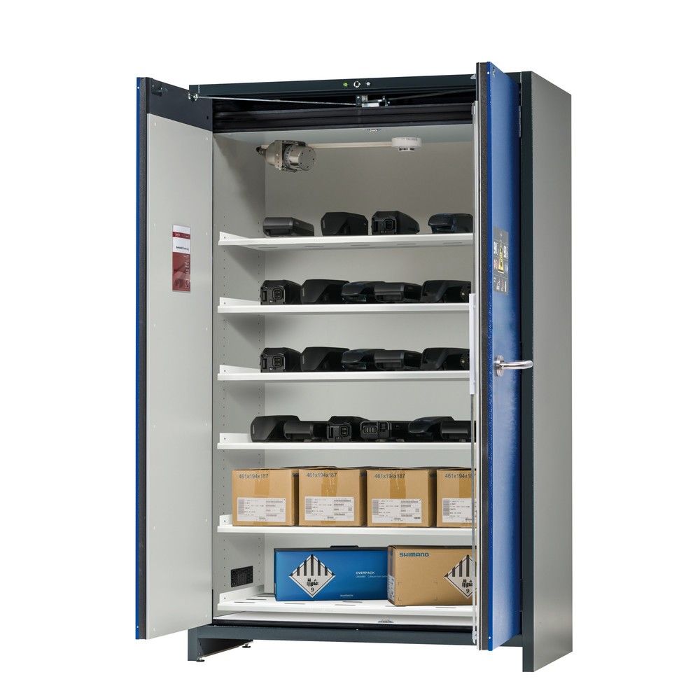 Produktabbildung: asecos® Sicherheitsschrank Typ 90 für Lithium-Ionen-Batterien ION-PRO-STORE, HxBxT 1953x1193x615 mm, 6x gelochte Fachböden, 1x Bodenauffangwanne