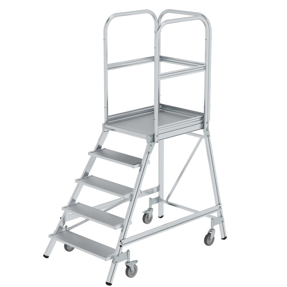 Produktabbildung: B-Ware Podesttreppe einseitig begehbar mit Federrollen Aluminium geriffelt 5 Stufen