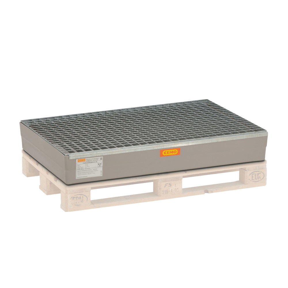 Illustration du produit: Bac de rétention CEMO pour fûts de 60 à 200 litres, support pour palettes, H x l x P 190 x 800 x 1 200 mm, caillebotis en acier
