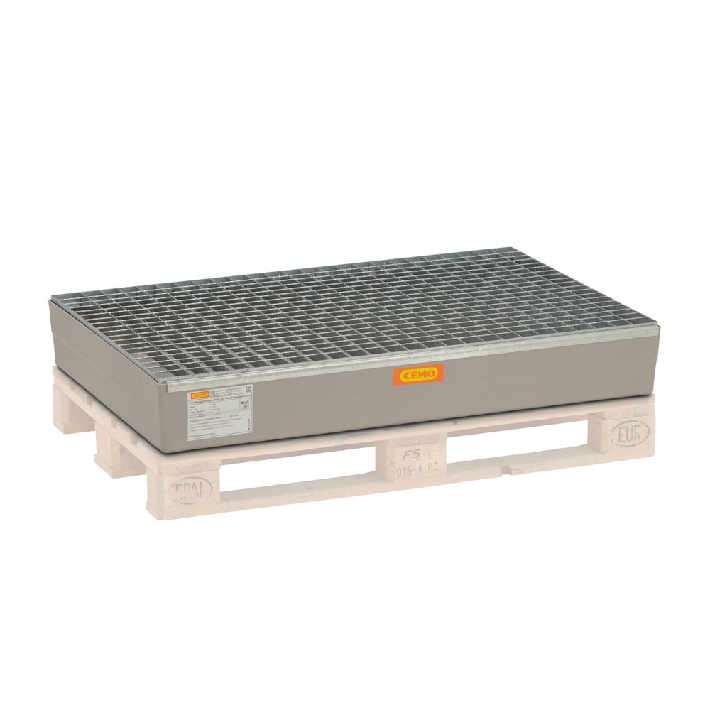 Illustration du produit: Bac de rétention CEMO pour fûts de 60 à 200 litres, support pour palettes, H x l x P 235 x 800 x 1 200 mm, caillebotis en acier