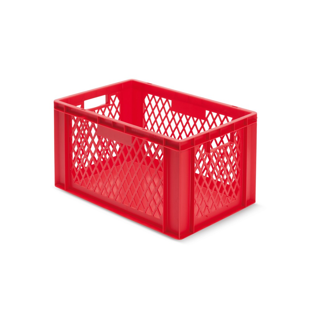 Illustration du produit: Bac Euro empilable, parois perforées + fonds fermés, 61 litres, rouge, poignées