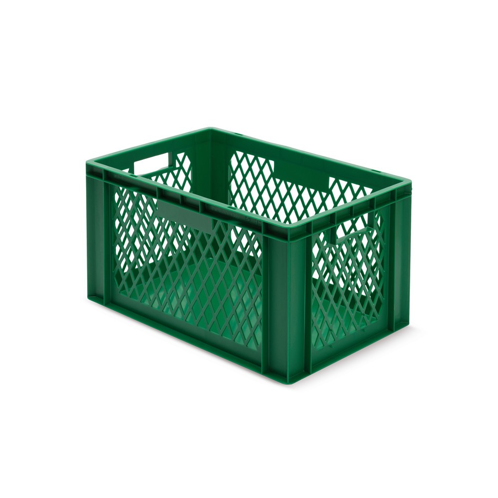 Illustration du produit: Bac Euro empilable, parois perforées + fonds fermés, 61 litres, vert, poignées