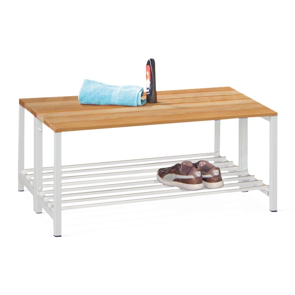 Illustration du produit: Banc de vestiaire PAVOY avec lattes en bois de hêtre, 2 côtés, longueur 1 000 mm sans porte-chaussures, gris clair