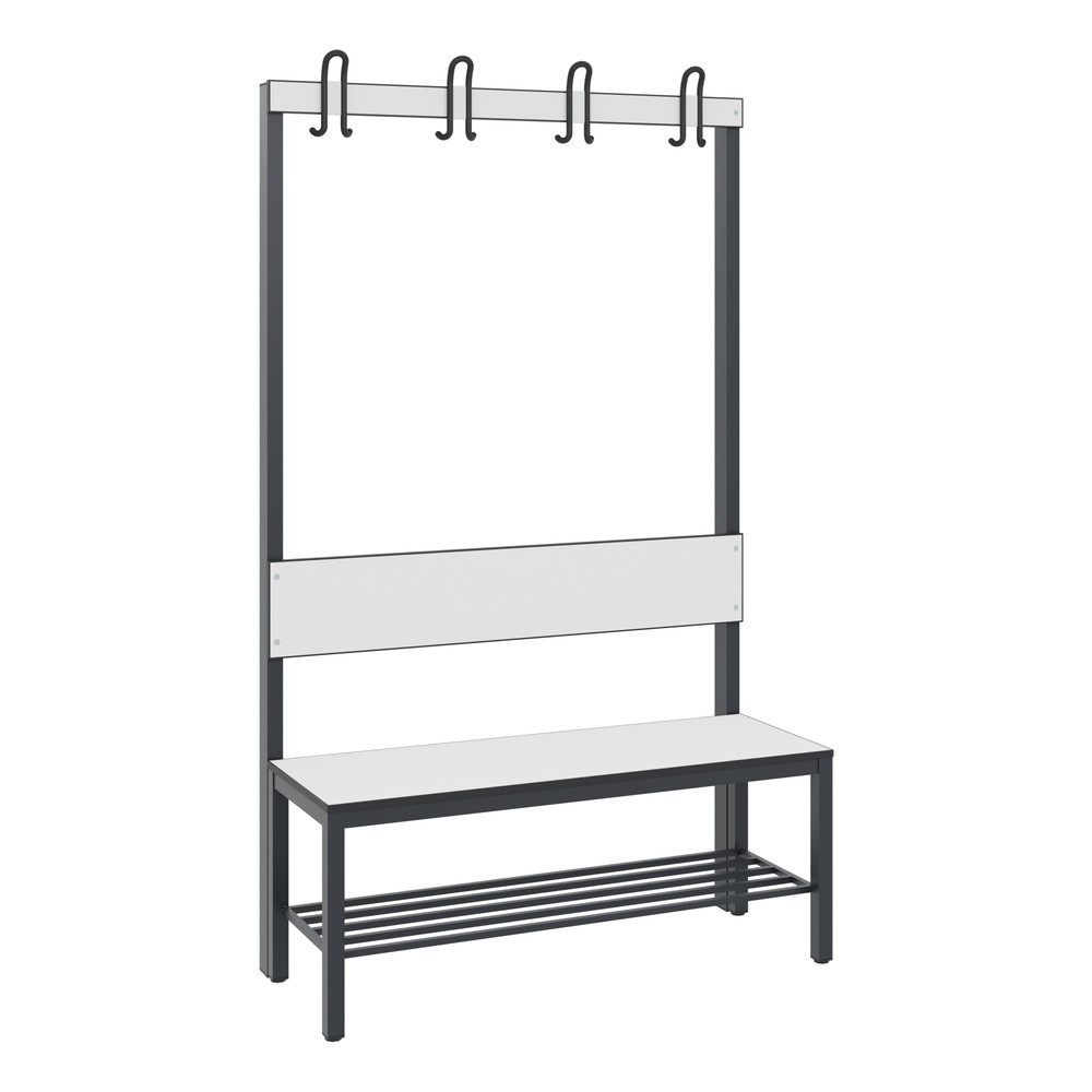 Produktabbildung Nr. 1: Banc pour vestiaire C+P Basic Plus, longueur 1 000 mm, utilisable d’un seul côté, avec dossier, 4 crochets doubles, avec râtelier range-chaussures, gris-noir / blanc