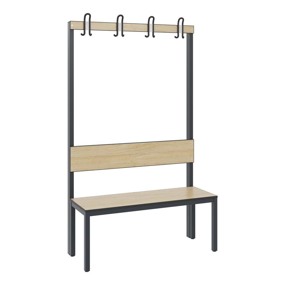 Illustration du produit: Banc pour vestiaire C+P Basic Plus, longueur 1 000 mm, utilisable d’un seul côté, avec dossier, 4 crochets doubles, gris-noir / chêne Sereno