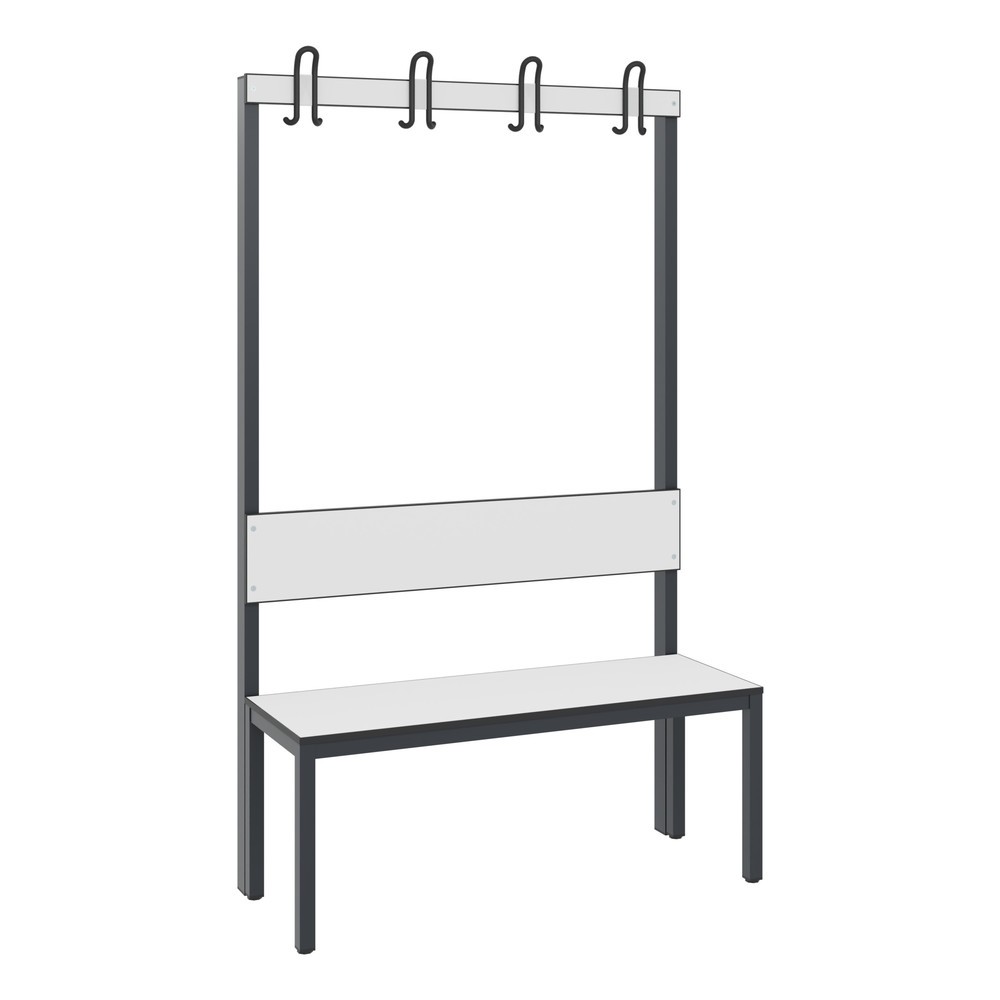 Illustration du produit: Banc pour vestiaire C+P Basic Plus, longueur 1 000 mm, utilisable d’un seul côté, avec dossier, 4 crochets doubles, gris-noir / blanc