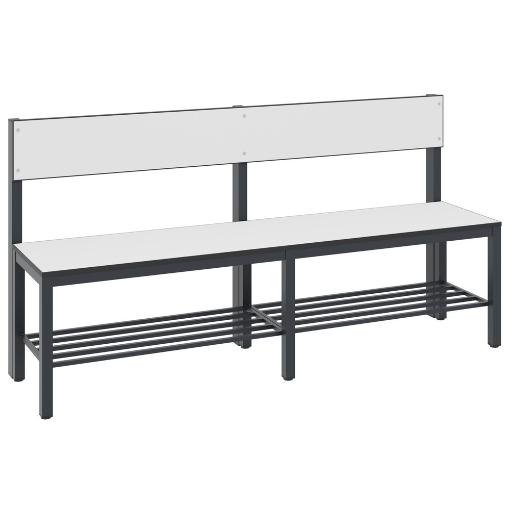 N° de l'image du produit 1 : Banc pour vestiaire C+P Basic Plus, longueur 1 500 mm, utilisable d’un seul côté, avec dossier, avec râtelier range-chaussures, gris-noir/blanc