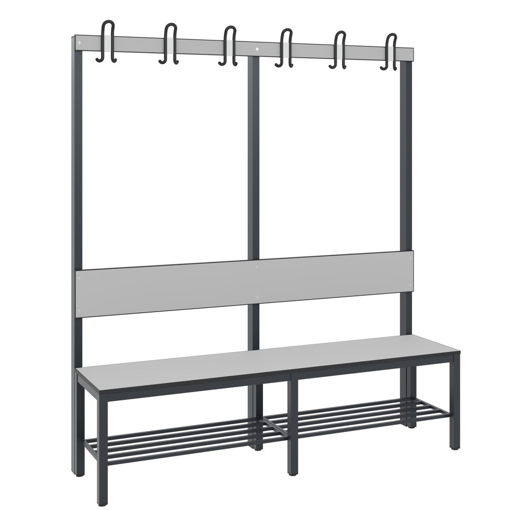 Produktabbildung Nr. 1: Banc pour vestiaire C+P Basic Plus, longueur 1 500 mm, utilisable d’un seul côté, avec dossier, 6 crochets doubles, avec râtelier range-chaussures, gris-noir/gris-argent