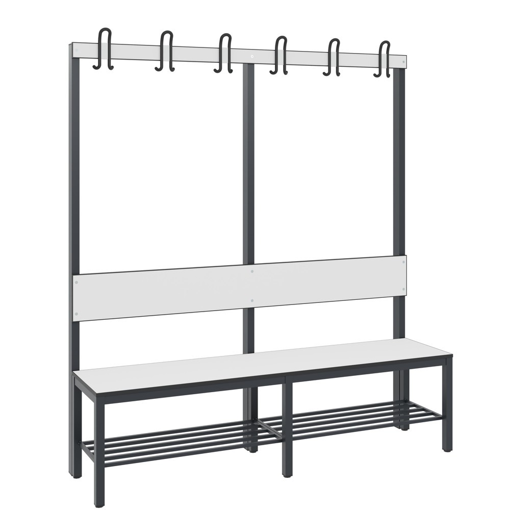 N° de l'image du produit 1 : Banc pour vestiaire C+P Basic Plus, longueur 1 500 mm, utilisable d’un seul côté, avec dossier, 6 crochets doubles, avec râtelier range-chaussures, gris-noir / blanc