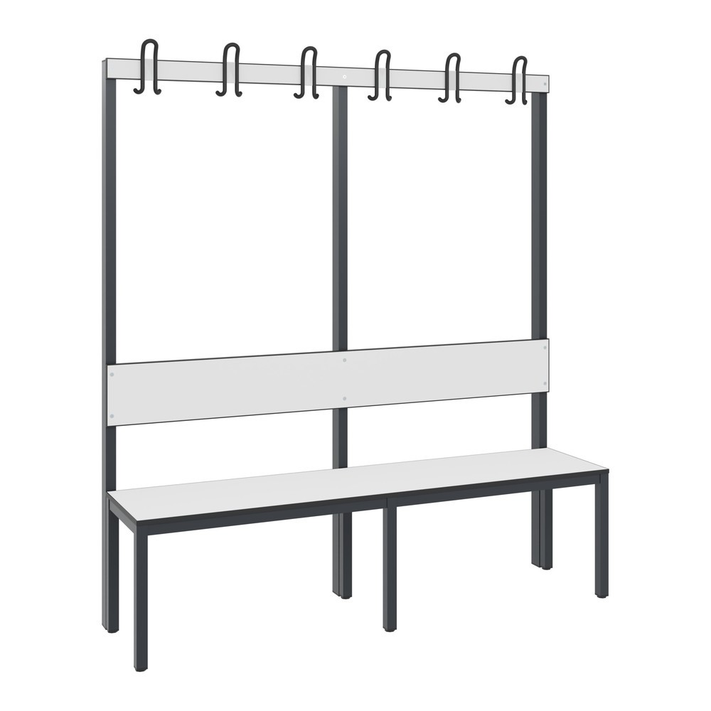 Illustration du produit: Banc pour vestiaire C+P Basic Plus, longueur 1 500 mm, utilisable d’un seul côté, avec dossier, 6 crochets doubles, gris-noir / chêne Sereno