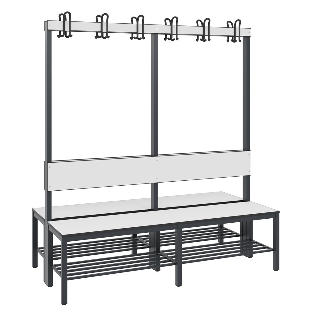 Produktabbildung Nr. 1: Banc pour vestiaire C+P Basic Plus, longueur 1 500 mm, utilisable des deux côtés, avec dossier, 2x6 crochets doubles, avec râtelier range-chaussures gris-noir/blanc
