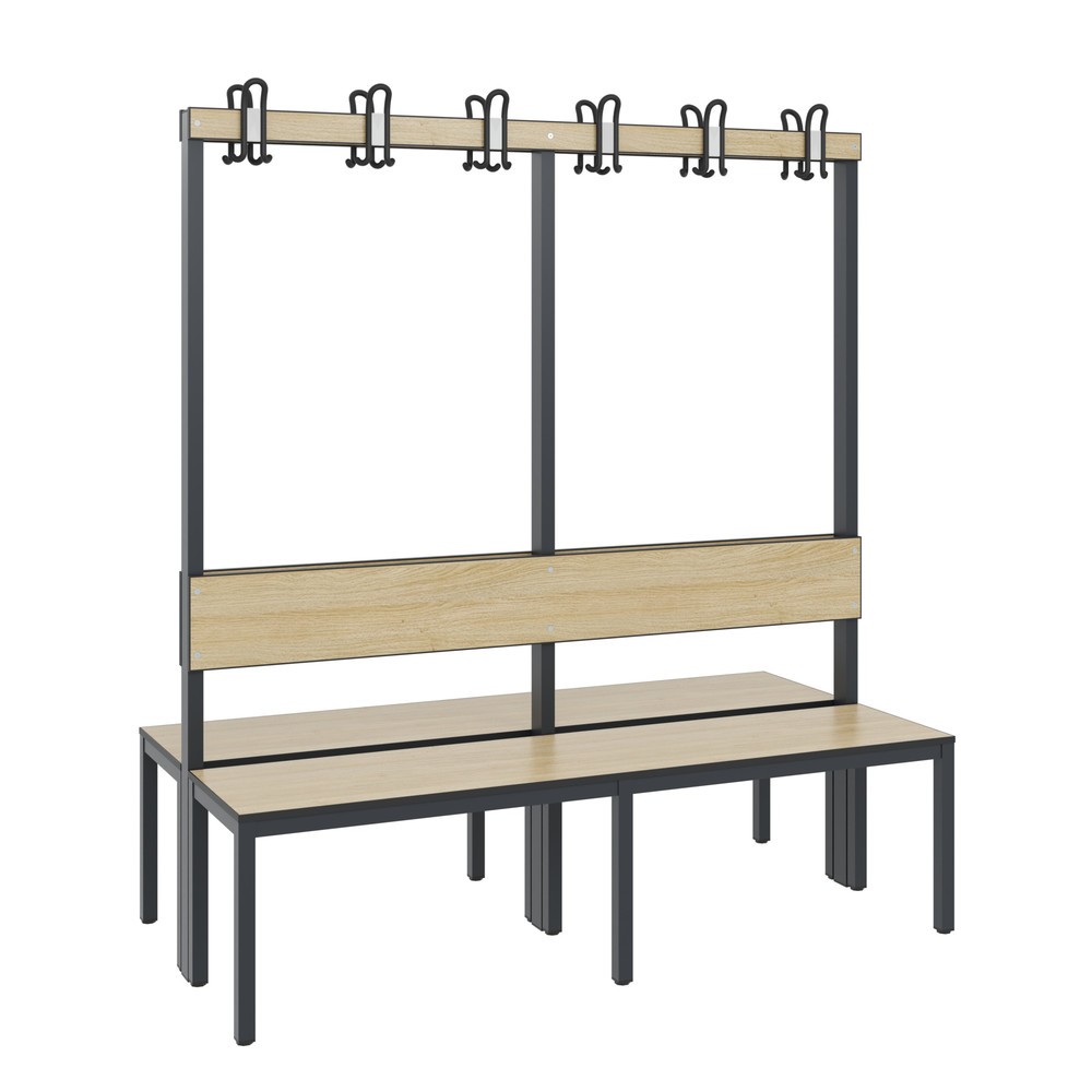 Produktabbildung Nr. 1: Banc pour vestiaire C+P Basic Plus, longueur 1 500 mm, utilisable des deux côtés, avec dossier, 2x6 crochets doubles, gris-noir/chêne Sereno
