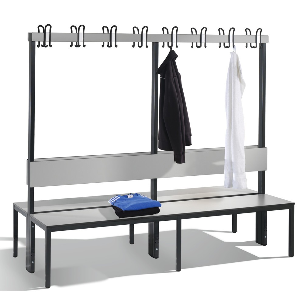 Produktabbildung Nr. 1: Banc pour vestiaire C+P Basic Plus, longueur 1 960 mm, utilisable des deux côtés, avec dossier, 2x8 crochets doubles, gris-noir / gris-argent