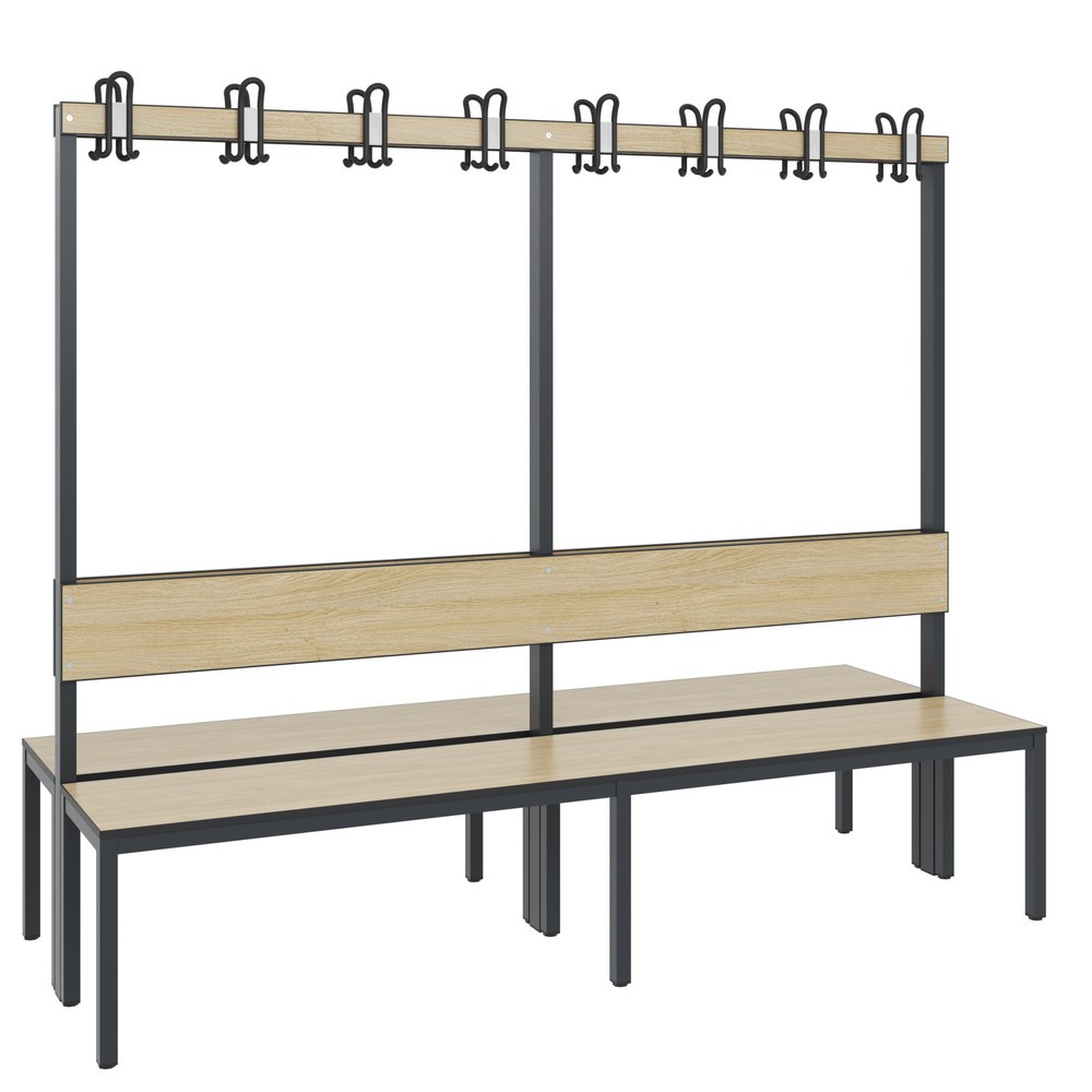 Produktabbildung Nr. 1: Banc pour vestiaire C+P Basic Plus, longueur 1 960 mm, utilisable des deux côtés, avec dossier, 2x8 crochets doubles, gris-noir / chêne Sereno