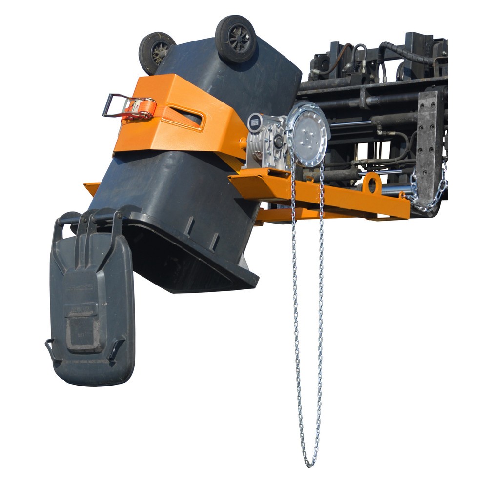 Illustration du produit: Bauer® Dispositif bascule-fût, capacité de charge 300 kg, pour fût de Ø 350-600 mm, chaîne sans fin, RAL 2000 orangé jaune