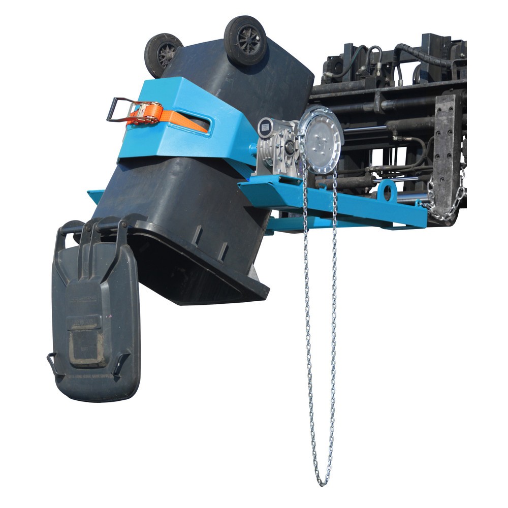 Produktabbildung Nr. 1: Bauer® Dispositif bascule-fût, capacité de charge 300 kg, pour fût de Ø 350-600 mm, chaîne sans fin, RAL 5012 bleu clair