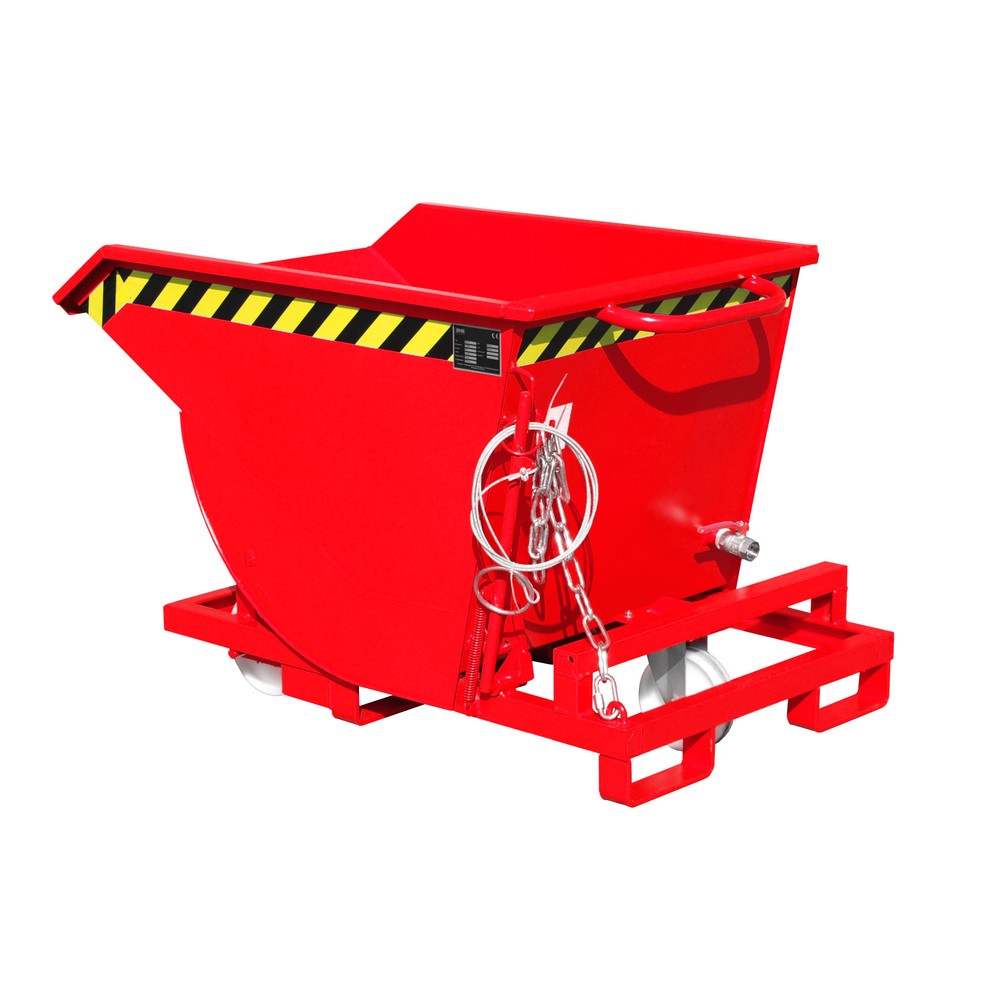 Produktabbildung: Bauer® Späne-Kippbehälter mit Abrollmechanik und Rollensatz, niedrige Bauhöhe, mit Einfahrtaschen, lackiert, Volumen 0,3 m³, RAL 3000 feuerrot