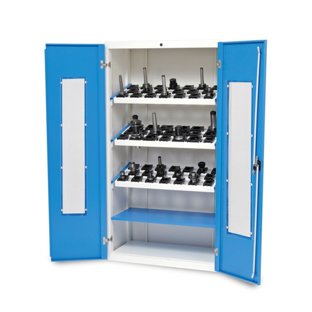 Produktabbildung: Bedrunka+Hirth CNC-Vitrinenschrank, HxBxT 1.838 x 980 x 500 mm, lichtgrau, lichtblau, mit 3 CNC-Werkzeugaufnahmerahmen, 1 Fachboden