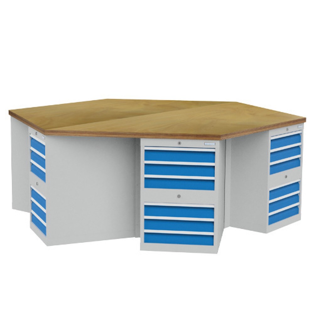 Produktabbildung: Bedrunka+Hirth Gruppenwerkbank R 18-24, mit 36 Schubladen, HxBxT 859 x 2.500 x 2.165 mm, lichtgrau, lichtblau