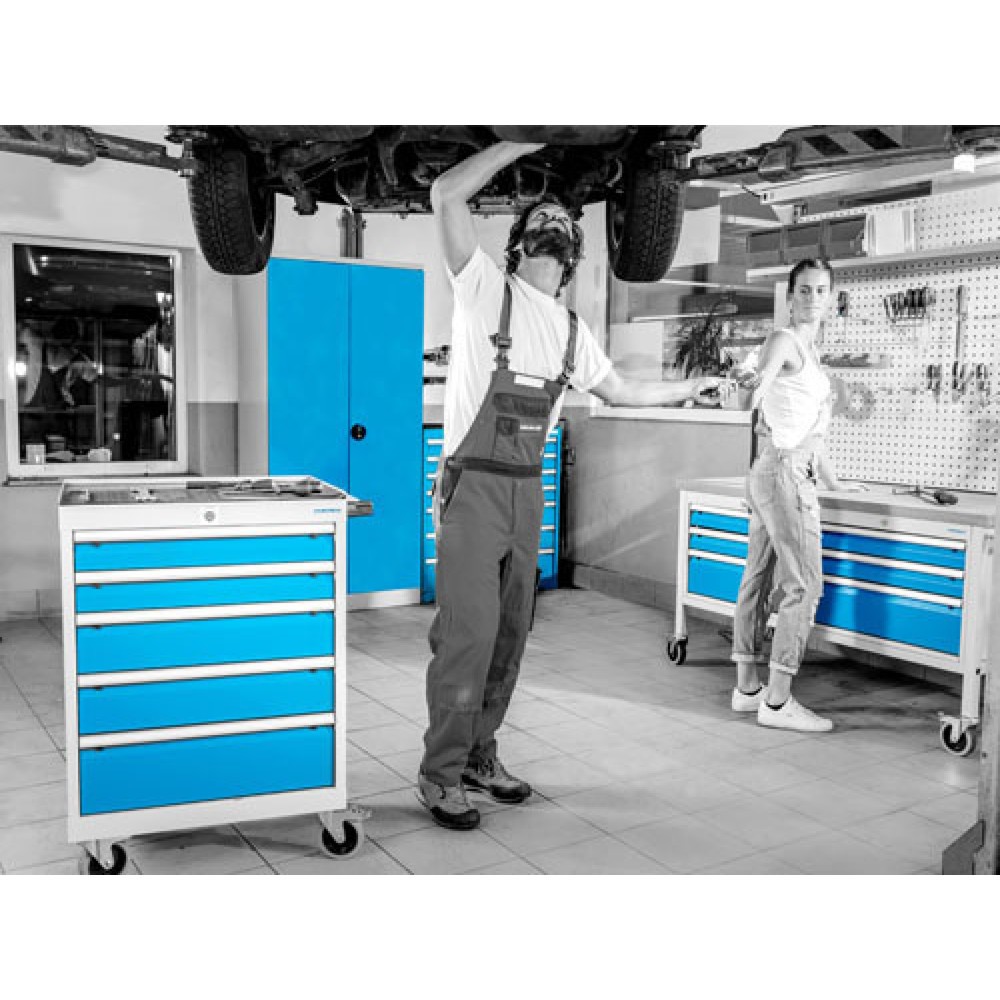 Produktabbildung Nr. 6: Bedrunka+Hirth Mobile Werkbank R 18-24, HxBxT 950 x 1.250 x 750 mm, lichtgrau, anthrazitgrau, 5 Schubladen 3x100 + 2x150 mm, 1 Flügeltür 1x600 mm