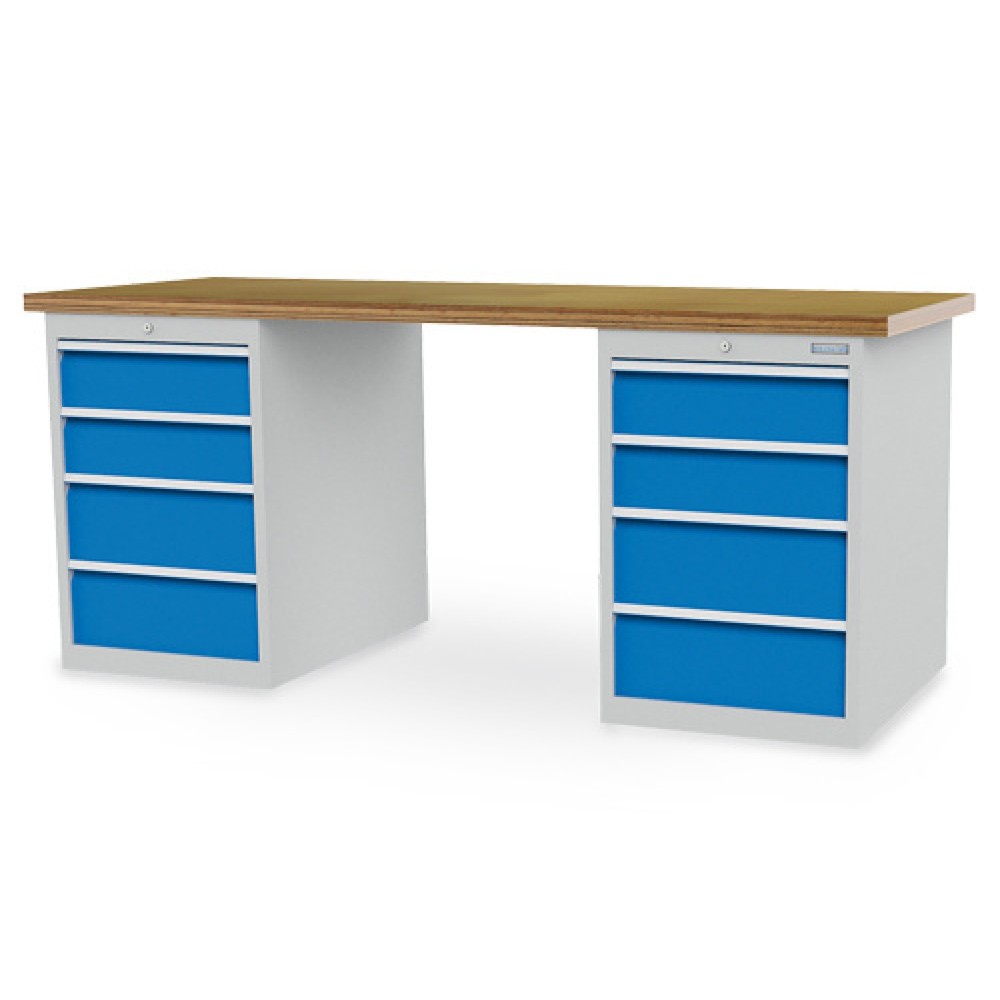 Produktabbildung: Bedrunka+Hirth Reihenwerkbank R 18-24, HxBxT 859 x 2.000 x 750 mm, lichtgrau, lichtblau, 8 Schubladen 4x150 + 4x200 mm, Schubladen Breite 450 mm