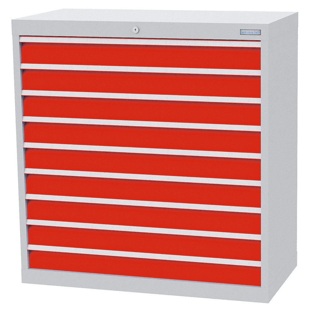 Produktabbildung: Bedrunka+Hirth Schubladenschrank Profi, Schubladen 9x100 mm, HxBxT 1.019 x 980 x 500 mm, lichtgrau/verkehrsrot