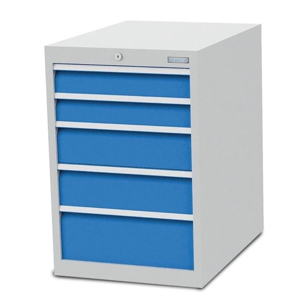 Produktabbildung: Bedrunka+Hirth Schubladenschrank R 18-24, HxBxT 819 x 555 x 736 mm, lichtgrau, lichtblau, 5 Schubladen 2x100 + 2x150 + 1x200 mm