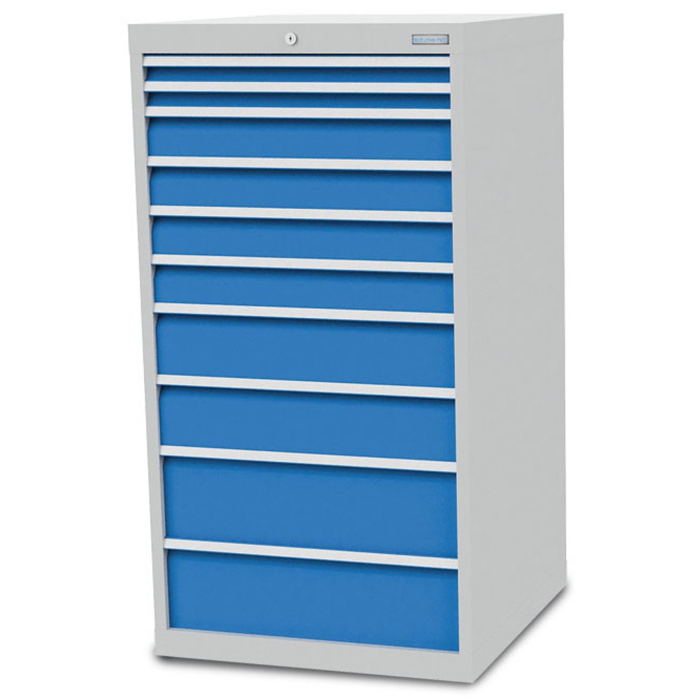 Produktabbildung: Bedrunka+Hirth Schubladenschrank R 24-24, HxBxT 1.319 x 705 x 736 mm, lichtgrau, lichtblau, 10 Schubladen 2x50 + 4x100 + 2x150 + 2x 200